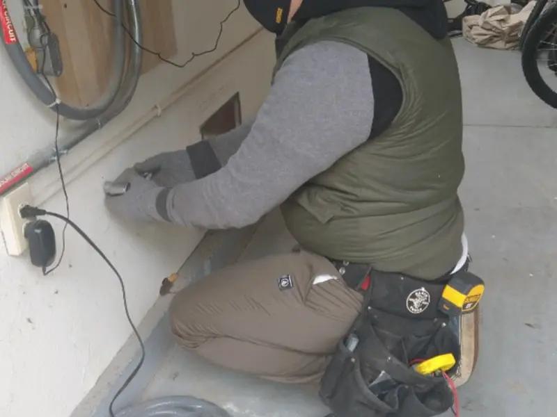 Electrician performing outlet wiring in a Prineville garage